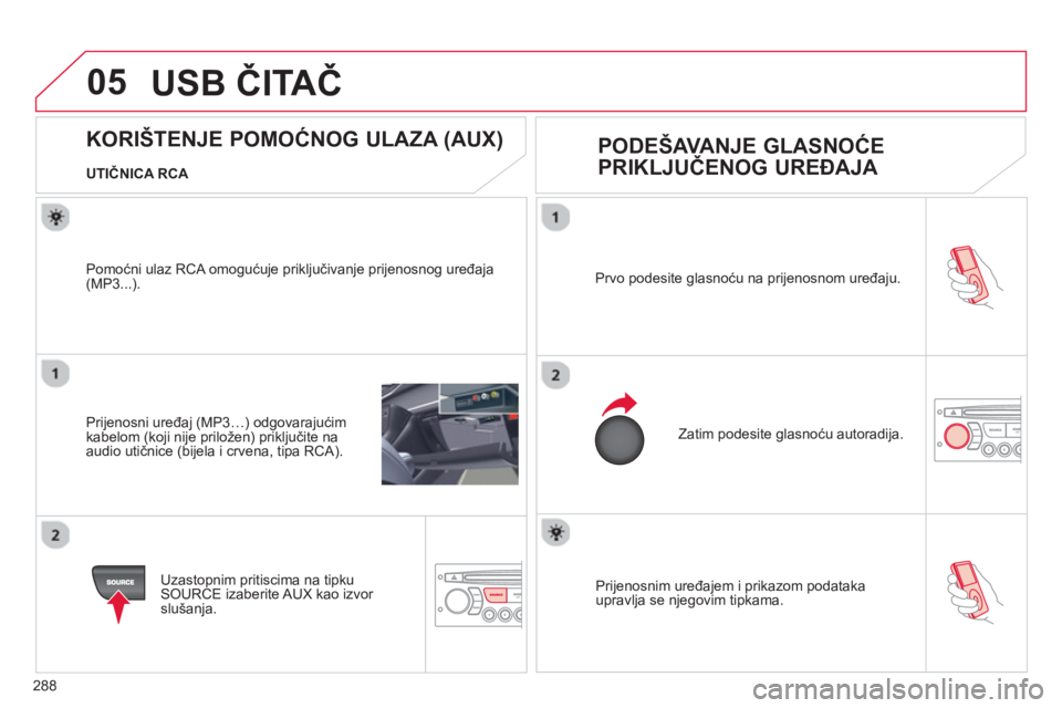 CITROEN C5 2014  Upute Za Rukovanje (in Croatian) 288
05
 Prijenosnim uređajem i prikazom podatakaupravlja se njegovim tipkama. Prvo podesite 
glasnoću na prijenosnom uređaju.
  Zatim podesite 
glasnoću autoradija.
 
 
 
 
 
 
 
 
 
 
 
 
 
KORI