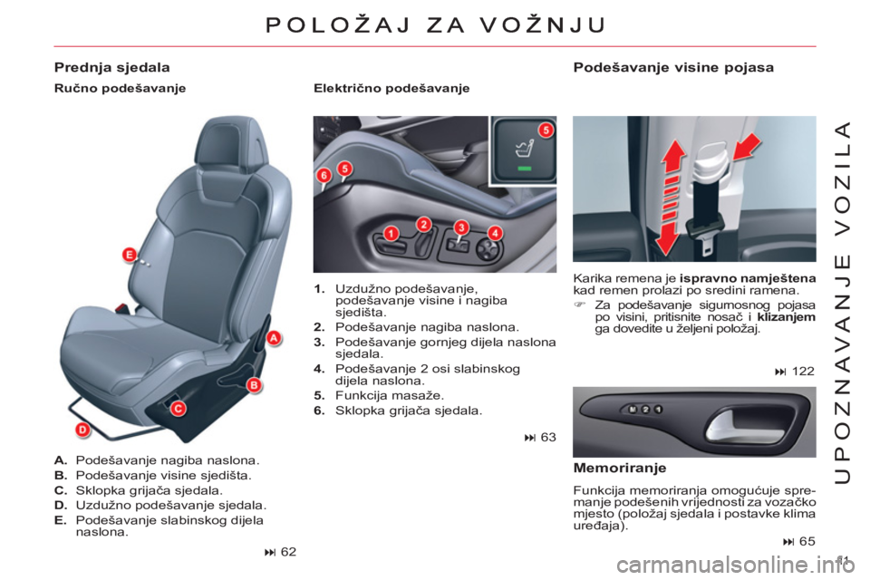 CITROEN C5 2012  Upute Za Rukovanje (in Croatian) 11  
UPOZNAVANJE VOZILA
   
 
1. 
 Uzdužno podešavanje, 
podešavanje visine i nagiba 
sjedišta. 
   
2. 
  Podešavanje nagiba naslona. 
   
3. 
  Podešavanje gornjeg dijela naslona 
sjedala. 
  