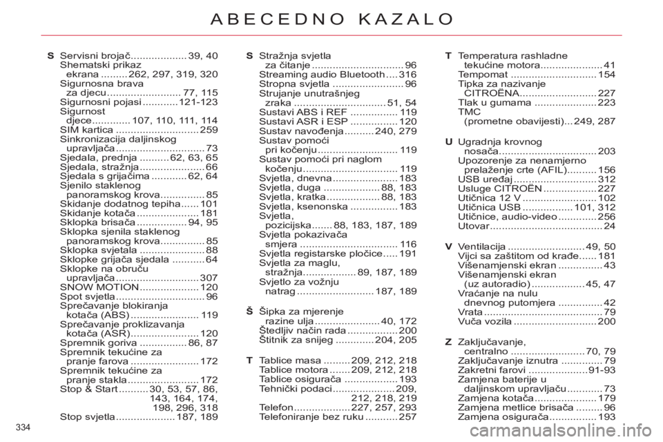 CITROEN C5 2012 Upute Za Rukovanje (in Croatian) 334
ABECEDNO KAZALO
S Servisni brojač ................... 39, 40
Shematski prikaz
ekrana ......... 262, 297, 319, 320
Sigurnosna brava
za djecu ......................... 77, 115
Sigurnosni poj CITROEN C5 2012 Upute Za Rukovanje (in Croatian) 334
ABECEDNO KAZALO
S Servisni brojač ................... 39, 40
Shematski prikaz
ekrana ......... 262, 297, 319, 320
Sigurnosna brava
za djecu ......................... 77, 115
Sigurnosni poj