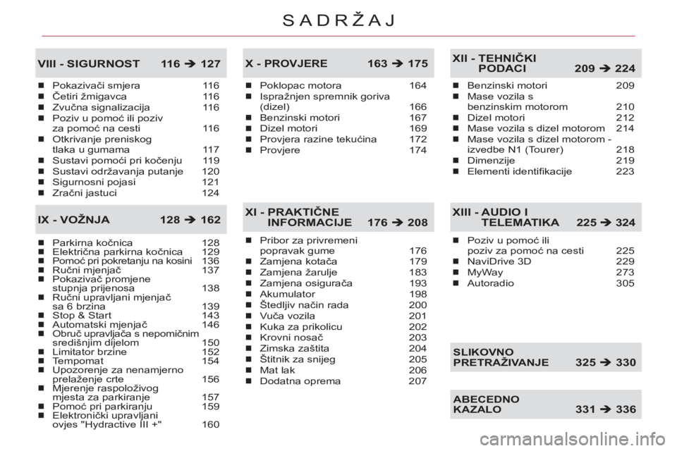 CITROEN C5 2012  Upute Za Rukovanje (in Croatian) SADRŽAJ
Pokazivači smjera  116
Četiri žmigavca  116
Zvučna signalizacija  116
Poziv u pomoć ili poziv 
za pomoć na cesti  116
Otkrivanje preniskog 
tlaka u gumama  117
Sustavi pomoći pri koče