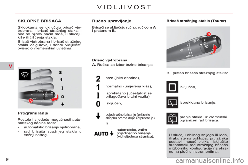 CITROEN C5 2012 Upute Za Rukovanje (in Croatian) V
94
VIDLJIVOST
SKLOPKE BRISAČA
Sklopkama se uključuju brisač vje-
trobrana i brisač stražnjeg stakla i
bira se njihov način rada, u slučaju
kiše ili čišćenja stakla.
Brisač vjetr CITROEN C5 2012 Upute Za Rukovanje (in Croatian) V
94
VIDLJIVOST
SKLOPKE BRISAČA
Sklopkama se uključuju brisač vje-
trobrana i brisač stražnjeg stakla i
bira se njihov način rada, u slučaju
kiše ili čišćenja stakla.
Brisač vjetr