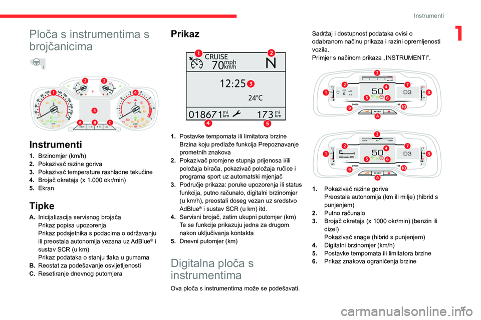 CITROEN C5 AIRCROSS 2022 Upute Za Rukovanje (in Croatian) 9
Instrumenti
1Ploča s instrumentima s
brojčanicima
Instrumenti
1. Brzinomjer (km/h)
2. Pokazivač razine goriva
3. Pokazivač temperature rashladne tekućine
4. Brojač okretaja (x 1.000 ok CITROEN C5 AIRCROSS 2022 Upute Za Rukovanje (in Croatian) 9
Instrumenti
1Ploča s instrumentima s
brojčanicima
Instrumenti
1. Brzinomjer (km/h)
2. Pokazivač razine goriva
3. Pokazivač temperature rashladne tekućine
4. Brojač okretaja (x 1.000 ok