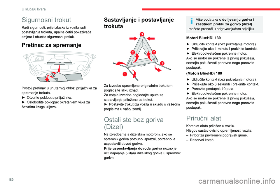 CITROEN C5 AIRCROSS 2022 Upute Za Rukovanje (in Croatian) 180
U slučaju kvara
Sigurnosni trokut
Radi sigurnosti, prije izlaska iz vozila radi
postavljanja trokuta, upalite četiri pokazivača
smjera i obucite sigurnosni prsluk.
Pretinac za spremanje
Po CITROEN C5 AIRCROSS 2022 Upute Za Rukovanje (in Croatian) 180
U slučaju kvara
Sigurnosni trokut
Radi sigurnosti, prije izlaska iz vozila radi
postavljanja trokuta, upalite četiri pokazivača
smjera i obucite sigurnosni prsluk.
Pretinac za spremanje
Po
