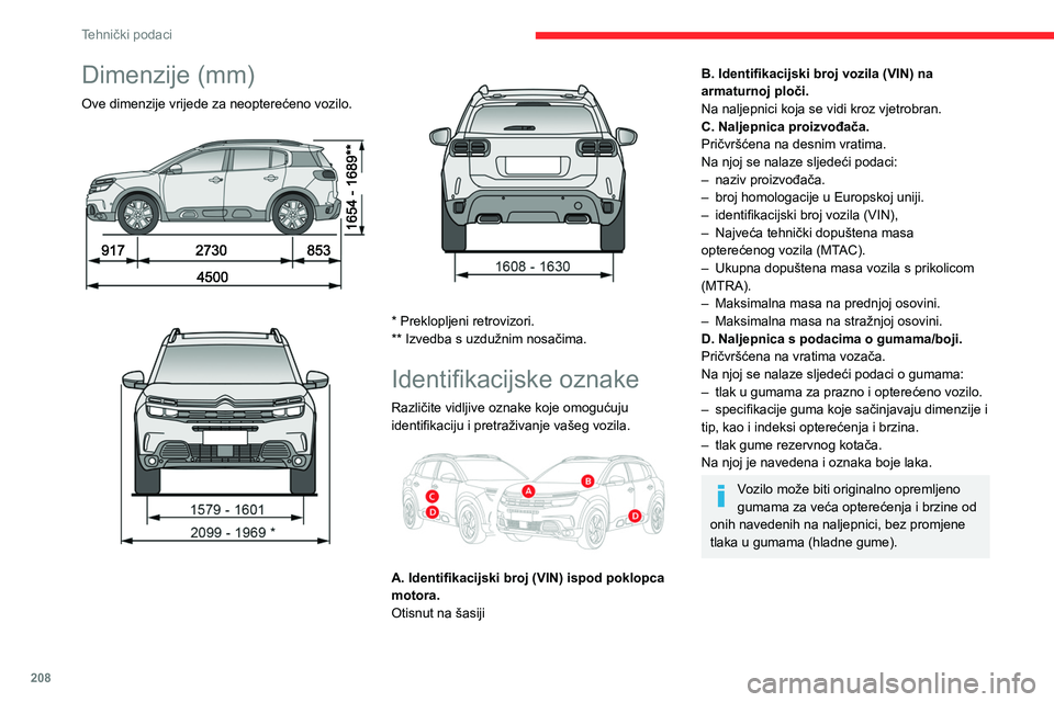 CITROEN C5 AIRCROSS 2022 Upute Za Rukovanje (in Croatian) 208
Tehnički podaci
Dimenzije (mm)
Ove dimenzije vrijede za neopterećeno vozilo.
* Preklopljeni retrovizori.
** Izvedba s uzdužnim nosačima.
Identifikacijske oznake
Različite vidljive CITROEN C5 AIRCROSS 2022 Upute Za Rukovanje (in Croatian) 208
Tehnički podaci
Dimenzije (mm)
Ove dimenzije vrijede za neopterećeno vozilo.
* Preklopljeni retrovizori.
** Izvedba s uzdužnim nosačima.
Identifikacijske oznake
Različite vidljive