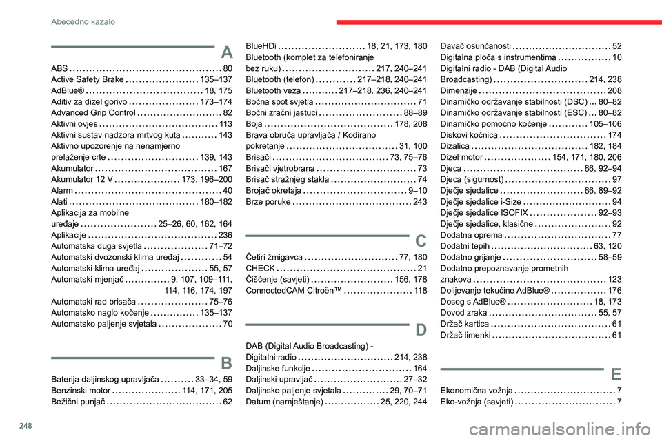 CITROEN C5 AIRCROSS 2022 Upute Za Rukovanje (in Croatian) 248
Abecedno kazalo
A
ABS 80
Active Safety Brake
135–137
AdBlue®
18, 175
Aditiv za dizel gorivo
173–174
Advanced Grip Control
82
Aktivni ovjes
113
Aktivni sustav nadzo CITROEN C5 AIRCROSS 2022 Upute Za Rukovanje (in Croatian) 248
Abecedno kazalo
A
ABS 80
Active Safety Brake
135–137
AdBlue®
18, 175
Aditiv za dizel gorivo
173–174
Advanced Grip Control
82
Aktivni ovjes
113
Aktivni sustav nadzo