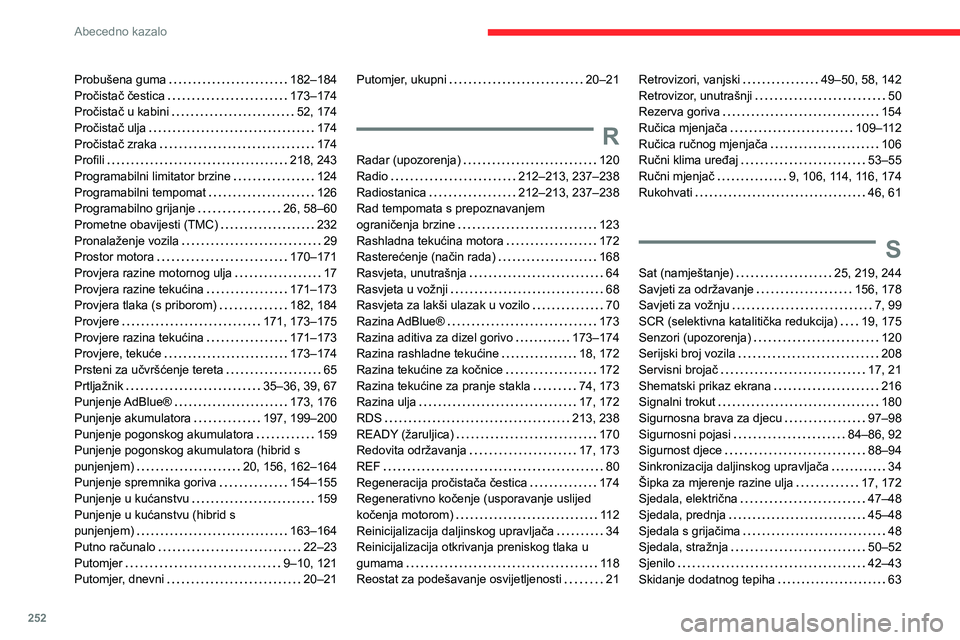 CITROEN C5 AIRCROSS 2022  Upute Za Rukovanje (in Croatian) 252
Abecedno kazalo
Probušena guma     182–184
Pročistač čestica     
173–174
Pročistač u kabini
    
52, 174
Pročistač ulja
    
174
Pročistač zraka
    
174
Profili
    
218, 243
Progr
