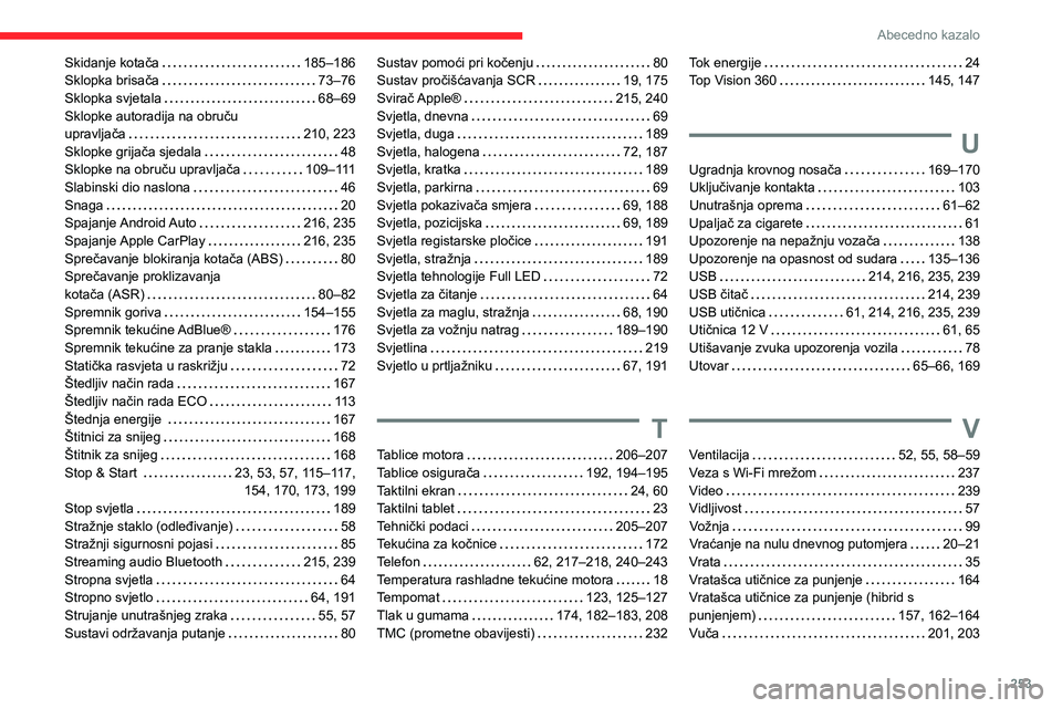 CITROEN C5 AIRCROSS 2022  Upute Za Rukovanje (in Croatian) 253
Abecedno kazalo
Skidanje kotača     185–186
Sklopka brisača     
73–76
Sklopka svjetala
    
68–69
Sklopke autoradija na obruču   
upravljača
    
210, 223
Sklopke grijača sjedala
    
