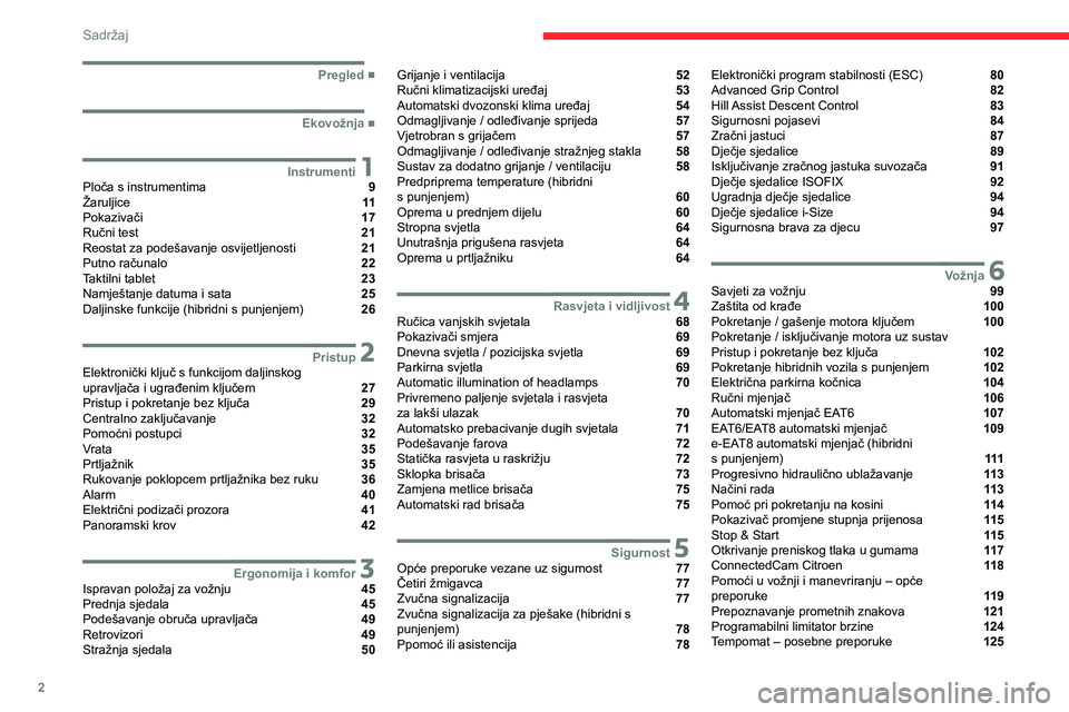 CITROEN C5 AIRCROSS 2022  Upute Za Rukovanje (in Croatian) 2
Sadržaj
 
 
 
 
 
   ■
Pregled
  ■
Ekovožnja
 1InstrumentiPloča s instrumentima  9
Žaruljice  11
Pokazivači  17
Ručni test  21
Reostat za podešavanje osvijetljenosti  21
Putno računa