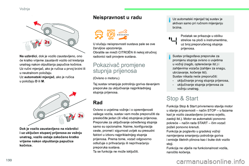 CITROEN C5 AIRCROSS 2020 Upute Za Rukovanje (in Croatian) 130
Neispravnost u radu
Pokazivač promjene
stupnja prijenosa
(Ovisno o motoru.)
T aj sustav smanjuje potrošnju goriva davanjem
preporuke za uključivanje najprikladnijeg
stupnja prijenosa.
Rad
Ov CITROEN C5 AIRCROSS 2020 Upute Za Rukovanje (in Croatian) 130
Neispravnost u radu
Pokazivač promjene
stupnja prijenosa
(Ovisno o motoru.)
T aj sustav smanjuje potrošnju goriva davanjem
preporuke za uključivanje najprikladnijeg
stupnja prijenosa.
Rad
Ov