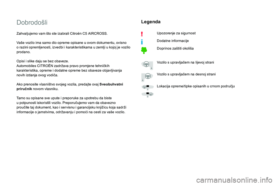 CITROEN C5 AIRCROSS 2020  Upute Za Rukovanje (in Croatian) 1
Dobrodošli
Zahvaljujemo vam što ste izabrali Citroën C5 AIRCROSS.
V aše vozilo ima samo dio opreme opisane u   ovom dokumentu, ovisno 
o
  razini opremljenosti, izvedbi i   karakteristikama u   