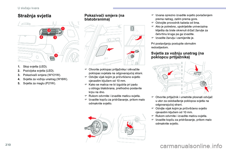 CITROEN C5 AIRCROSS 2020 Upute Za Rukovanje (in Croatian) 210
Stražnja svjetla
1.Stop svjetla (LED).
2. Pozicijska svjetla (LED).
3. Pokazivači smjera (W Y21W).
4. Svjetla za vožnju unatrag (W16W).
5. Svjetla za maglu (P21W).
Pokazivači smjera (na
blato CITROEN C5 AIRCROSS 2020 Upute Za Rukovanje (in Croatian) 210
Stražnja svjetla
1.Stop svjetla (LED).
2. Pozicijska svjetla (LED).
3. Pokazivači smjera (W Y21W).
4. Svjetla za vožnju unatrag (W16W).
5. Svjetla za maglu (P21W).
Pokazivači smjera (na
blato