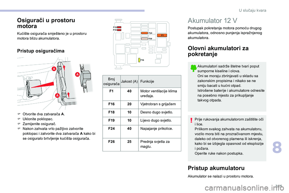 CITROEN C5 AIRCROSS 2020 Upute Za Rukovanje (in Croatian) 215
Broj
osigurača Jakost (A)
Funkcije
F1 40Motor ventilacije klima
uređaja.
F16 20Vjetrobran s
grijačem
F18 10Desno dugo svjetlo.
F19 10Lijevo dugo svjetlo.
F24 40Napajanje prikolice.
F26 25Pr CITROEN C5 AIRCROSS 2020 Upute Za Rukovanje (in Croatian) 215
Broj
osigurača Jakost (A)
Funkcije
F1 40Motor ventilacije klima
uređaja.
F16 20Vjetrobran s
grijačem
F18 10Desno dugo svjetlo.
F19 10Lijevo dugo svjetlo.
F24 40Napajanje prikolice.
F26 25Pr