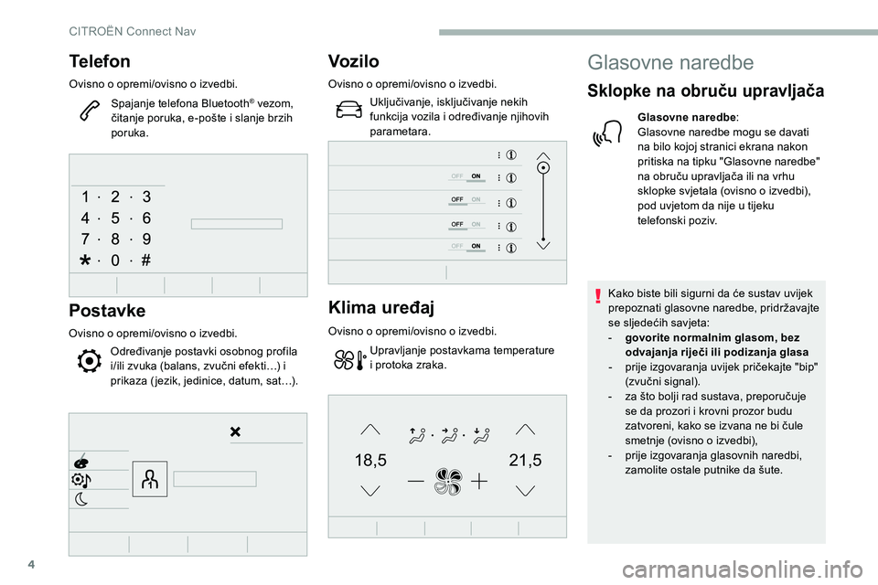 CITROEN C5 AIRCROSS 2020  Upute Za Rukovanje (in Croatian) 4
21,518,5
Telefon
Ovisno o opremi/ovisno o izvedbi.
S pajanje telefona Bluetooth
® vezom, 
čitanje poruka, e-pošte i
 
slanje brzih 
poruka.
Postavke
Ovisno o opremi/ovisno o izvedbi.
O dređivanj