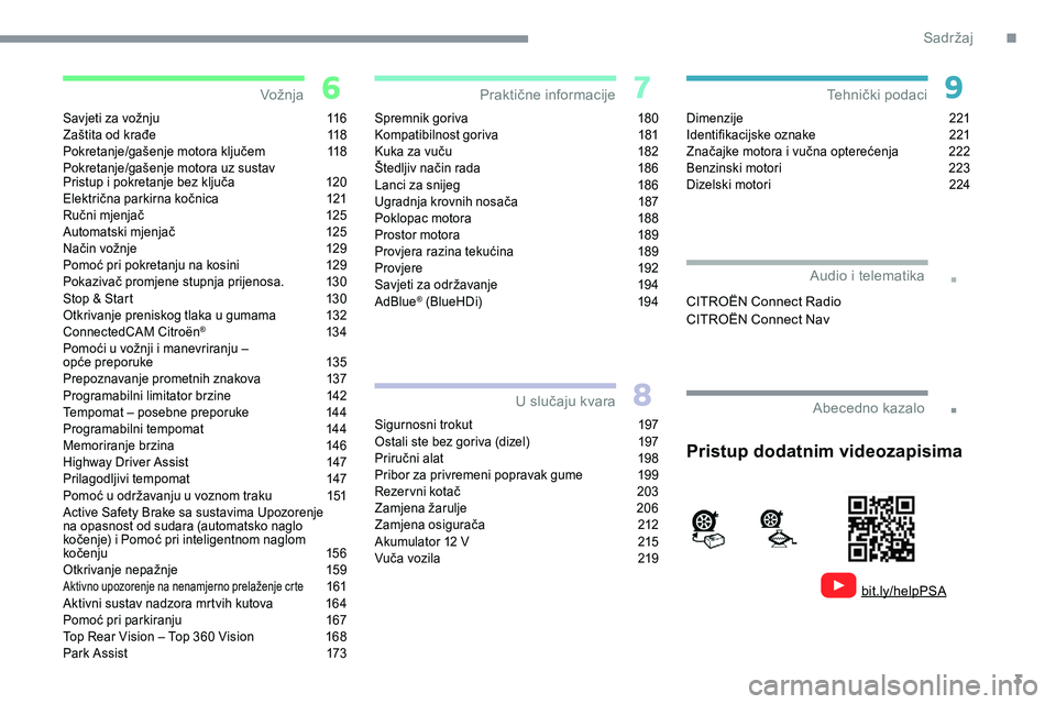 CITROEN C5 AIRCROSS 2020  Upute Za Rukovanje (in Croatian) 3
.
.
Savjeti za vožnju 116
Zaštita od krađe  1 18
Pokretanje/gašenje motora ključem
 
1
 18
Pokretanje/gašenje motora uz sustav  
Pristup i
  pokretanje bez ključa  
1
 20
Električna parkirna
