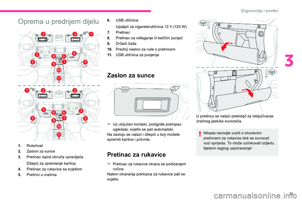 CITROEN C5 AIRCROSS 2020  Upute Za Rukovanje (in Croatian) 71
Oprema u prednjem dijelu6.USB utičnica
Upaljač za cigarete/utičnica 12
  V (120   W)
7. Pretinac
8. Pretinac za odlaganje ili bežični punjač
9. Držači čaša
10. Prednji naslon za ruke s
  