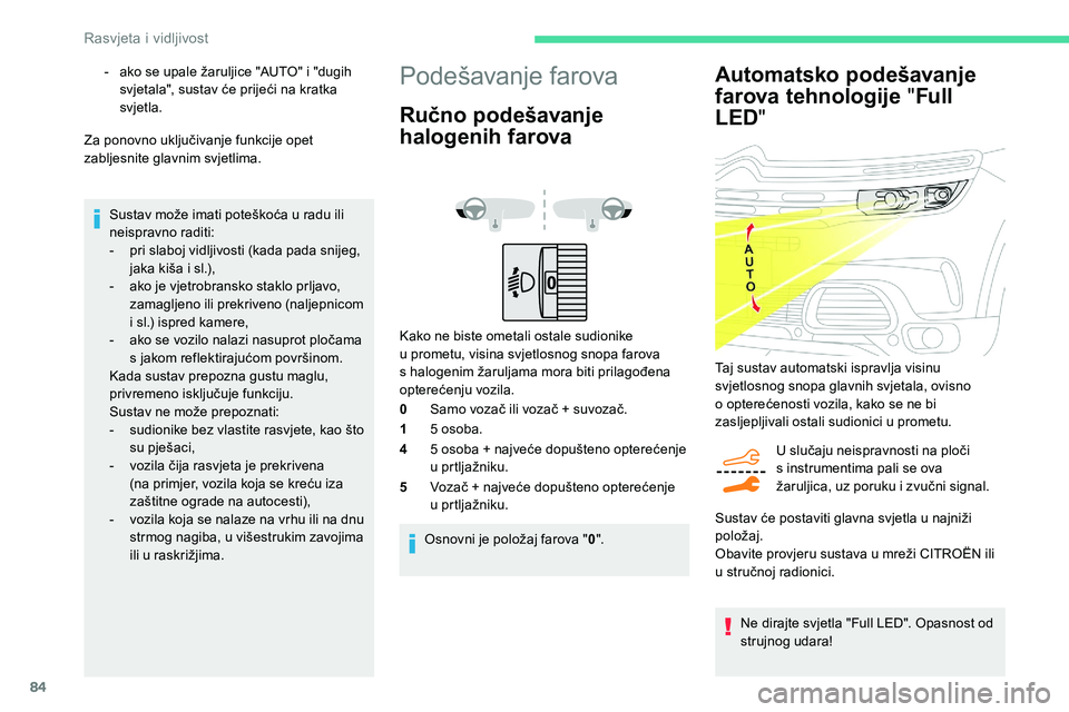CITROEN C5 AIRCROSS 2020 Upute Za Rukovanje (in Croatian) 84
Automatsko podešavanje
farova tehnologije "Full
LED "
U slučaju neispravnosti na ploči
s
instrumentima pali se ova
žaruljica, uz poruku i
zvučni signal.
Ne dirajte svjetla " CITROEN C5 AIRCROSS 2020 Upute Za Rukovanje (in Croatian) 84
Automatsko podešavanje
farova tehnologije "Full
LED "
U slučaju neispravnosti na ploči
s
instrumentima pali se ova
žaruljica, uz poruku i
zvučni signal.
Ne dirajte svjetla "