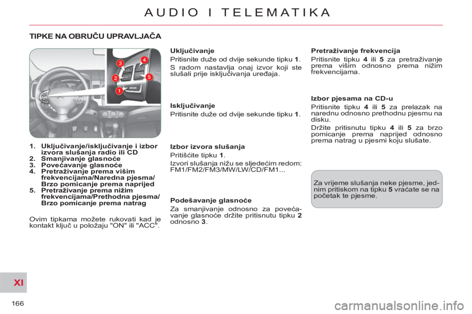 CITROEN C-CROSSER 2012  Upute Za Rukovanje (in Croatian) XI
166
AUDIO I TELEMATIKA
TIPKE NA OBRUČU UPRAVLJAČA 
 
 
 
 
 1. 
  Uključivanje/isključivanje i izbor 
izvora slušanja radio ili CD 
 
   
2. 
  Smanjivanje glasnoće 
 
   
3. 
  Povećavanje 