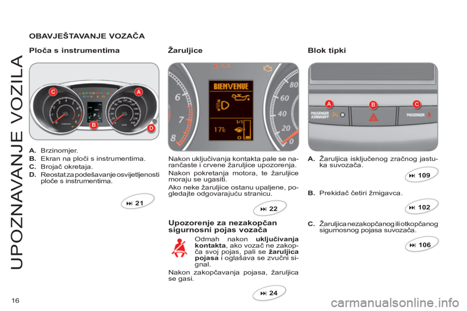 CITROEN C-CROSSER 2012  Upute Za Rukovanje (in Croatian) 16
U
P
O
Z N AVA N
J
E V
O
ZILA
   
OBAVJEŠTAVANJE VOZAČA  
   
Ploča s instrumentima Blok ti
pki
 
Nakon uključivanja kontakta pale se na-
rančaste i crvene žaruljice upozorenja.
  Nakon pokret
