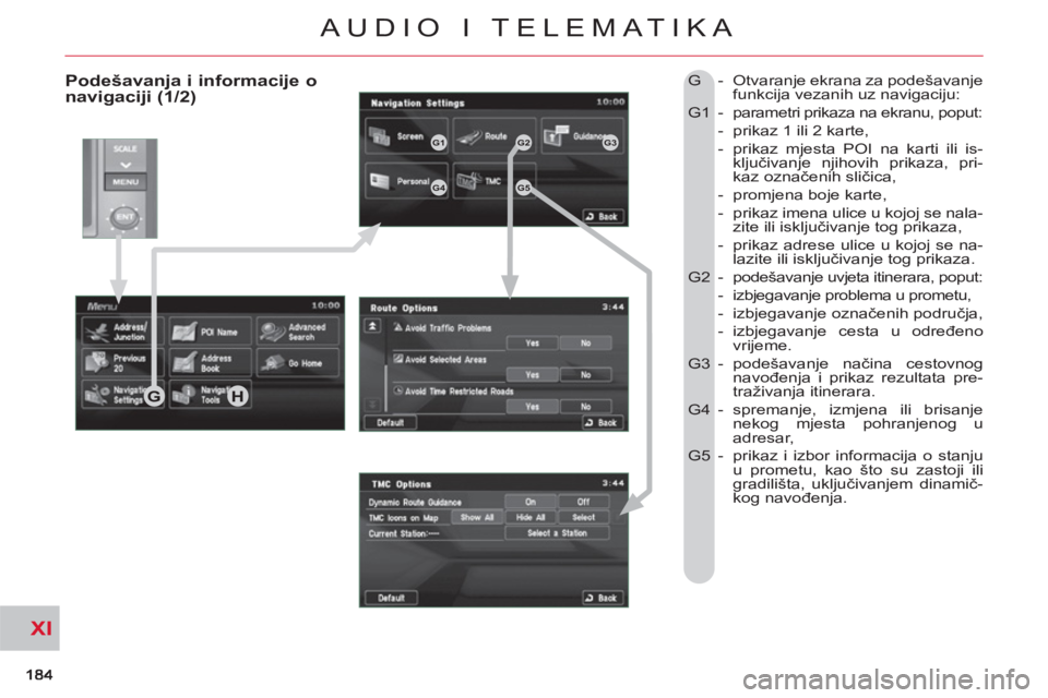 CITROEN C-CROSSER 2012  Upute Za Rukovanje (in Croatian) XI
AUDIO I TELEMATIKA
   
Podešavanja i informacije o
navigaciji (1/2)   G   -  Otvaranje ekrana za podešavanje 
funkcija vezanih uz navigaciju: 
  G1  -  parametri prikaza na ekranu, poput:  
  -  