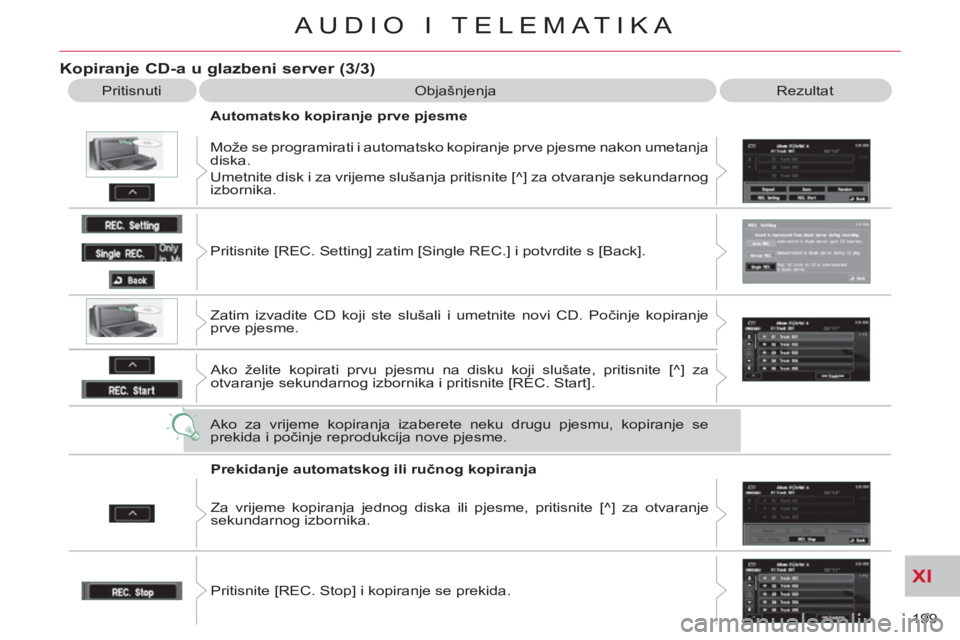 CITROEN C-CROSSER 2012  Upute Za Rukovanje (in Croatian) XI
199 
AUDIO I TELEMATIKA
   
Kopiranje CD-a u glazbeni server (3/3)
 
Pritisnuti  Objašnjenja  Rezultat 
   
Automatsko kopiranje prve pjesme 
  Može se programirati i automatsko kopiranje prve pj
