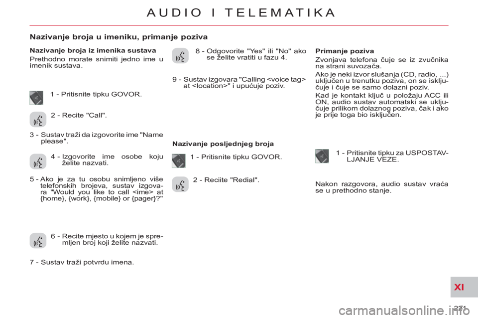 CITROEN C-CROSSER 2012  Upute Za Rukovanje (in Croatian) XI
221 
AUDIO I TELEMATIKA
   
 
 
 
 
 
 
 
 
 
 
 
 
 
 
Nazivanje broja u imeniku, primanje poziva
 
 
Nazivanje broja iz imenika sustava 
  Prethodno morate snimiti jedno ime u 
imenik sustava.   