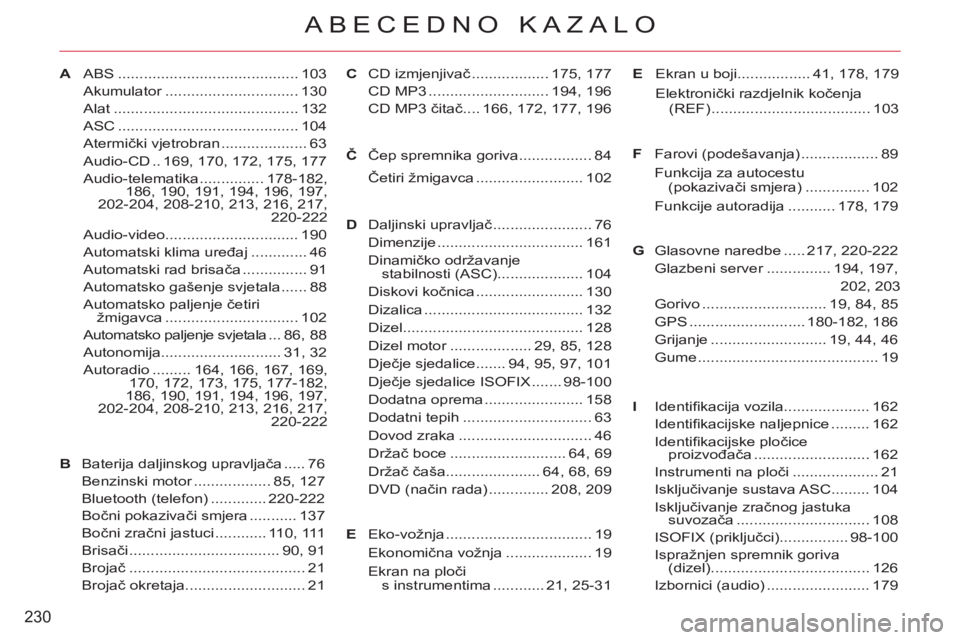 CITROEN C-CROSSER 2012  Upute Za Rukovanje (in Croatian) 230
ABECEDNO KAZALO
AABS .......................................... 103
Akumulator ............................... 130
Alat ........................................... 132
ASC ........................