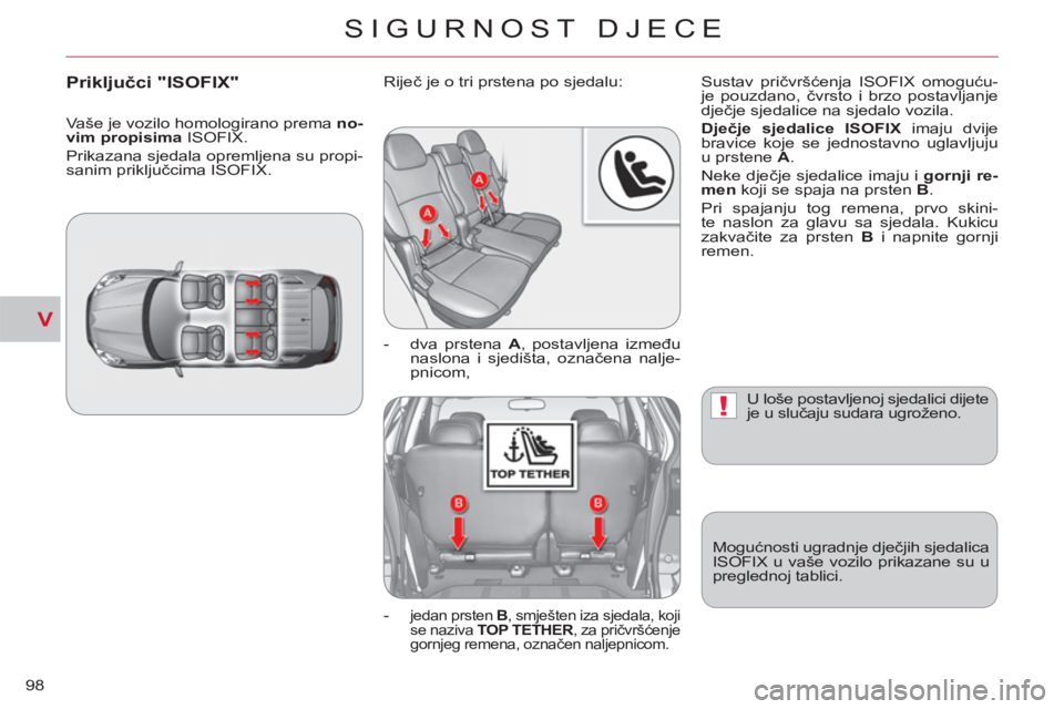 CITROEN C-CROSSER 2012  Upute Za Rukovanje (in Croatian) V
!
SIGURNOST DJECE
98
  U loše postavljenoj sjedalici dijete 
je u slučaju sudara ugroženo. 
  Mogućnosti ugradnje dječjih sjedalica 
ISOFIX u vaše vozilo prikazane su u 
preglednoj tablici.  
