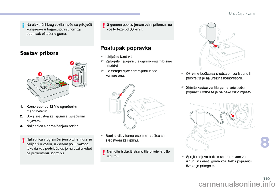 CITROEN C-ELYSÉE 2018 Upute Za Rukovanje (in Croatian) 119
Na električni krug vozila može se priključiti
kompresor u trajanju potrebnom za
popravak oštećene gume.
Sastav pribora
1.Kompresor od 12 V s ugrađenim
manometrom.
2. Boca sredstva za is CITROEN C-ELYSÉE 2018 Upute Za Rukovanje (in Croatian) 119
Na električni krug vozila može se priključiti
kompresor u trajanju potrebnom za
popravak oštećene gume.
Sastav pribora
1.Kompresor od 12 V s ugrađenim
manometrom.
2. Boca sredstva za is