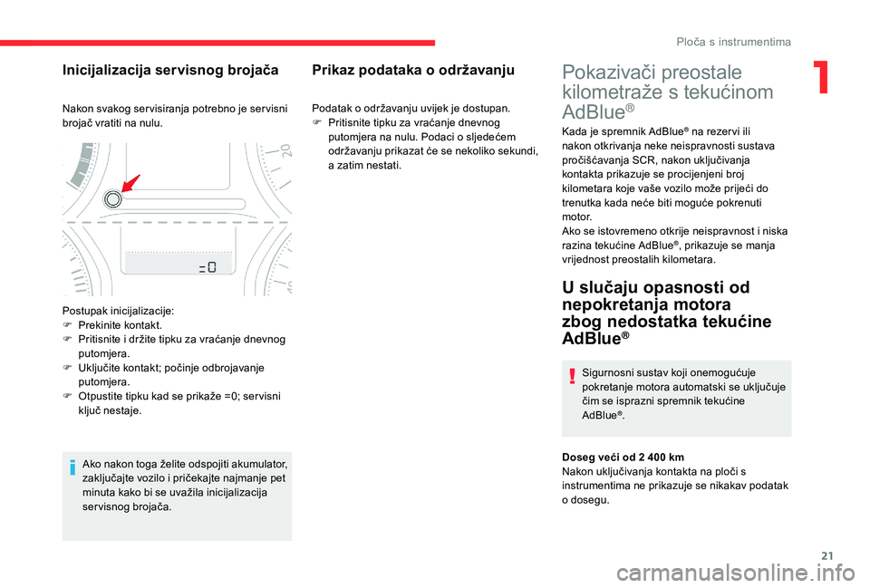 CITROEN C-ELYSÉE 2018 Upute Za Rukovanje (in Croatian) 21
Pokazivači preostale
kilometraže s tekućinom
AdBlue
®
Kada je spremnik AdBlue® na rezer vi ili
nakon otkrivanja neke neispravnosti sustava
pročišćavanja SCR, nakon uključivanja
kontak CITROEN C-ELYSÉE 2018 Upute Za Rukovanje (in Croatian) 21
Pokazivači preostale
kilometraže s tekućinom
AdBlue
®
Kada je spremnik AdBlue® na rezer vi ili
nakon otkrivanja neke neispravnosti sustava
pročišćavanja SCR, nakon uključivanja
kontak