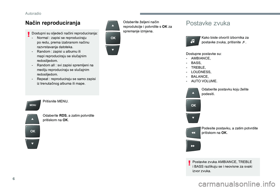 CITROEN C-ELYSÉE 2018 Upute Za Rukovanje (in Croatian) 6
Pritisnite MENU.
Odaberite RDS, a zatim potvrdite
pritiskom na OK.
Postavke zvuka
Kako biste otvorili izbornika za
postavke zvuka, pritisnite ¯ .
Postavke zvuka AMBIANCE, TREBLE
i BASS razlikuju CITROEN C-ELYSÉE 2018 Upute Za Rukovanje (in Croatian) 6
Pritisnite MENU.
Odaberite RDS, a zatim potvrdite
pritiskom na OK.
Postavke zvuka
Kako biste otvorili izbornika za
postavke zvuka, pritisnite ¯ .
Postavke zvuka AMBIANCE, TREBLE
i BASS razlikuju