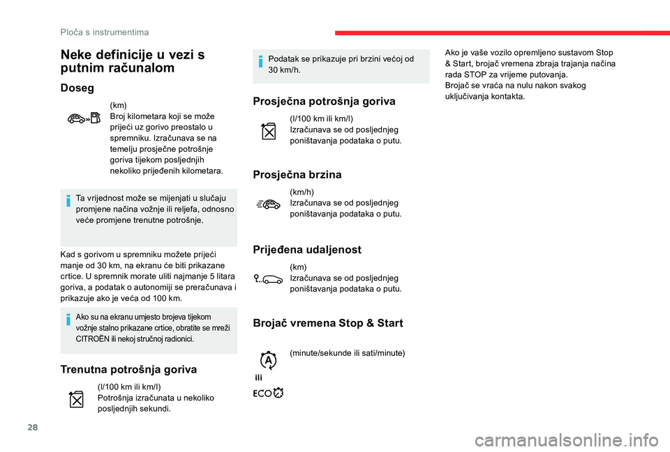 CITROEN C-ELYSÉE 2018 Upute Za Rukovanje (in Croatian) 28
Ta vrijednost može se mijenjati u slučaju
promjene načina vožnje ili reljefa, odnosno
veće promjene trenutne potrošnje.
Kad s gorivom u spremniku možete prijeći
manje od 30
km, na ekra CITROEN C-ELYSÉE 2018 Upute Za Rukovanje (in Croatian) 28
Ta vrijednost može se mijenjati u slučaju
promjene načina vožnje ili reljefa, odnosno
veće promjene trenutne potrošnje.
Kad s gorivom u spremniku možete prijeći
manje od 30
km, na ekra