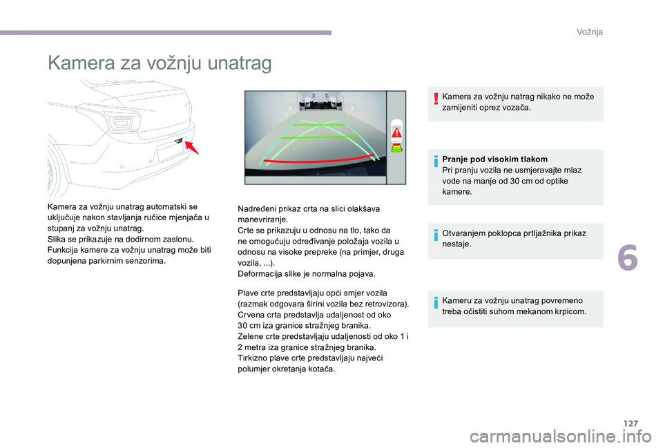 CITROEN C-ELYSÉE 2017 Upute Za Rukovanje (in Croatian) 127
Kamera za vožnju unatrag
Kamera za vožnju unatrag automatski se
uključuje nakon stavljanja ručice mjenjača u
stupanj za vožnju unatrag.
Slika se prikazuje na dodirnom zaslonu.
Funkcija kam CITROEN C-ELYSÉE 2017 Upute Za Rukovanje (in Croatian) 127
Kamera za vožnju unatrag
Kamera za vožnju unatrag automatski se
uključuje nakon stavljanja ručice mjenjača u
stupanj za vožnju unatrag.
Slika se prikazuje na dodirnom zaslonu.
Funkcija kam