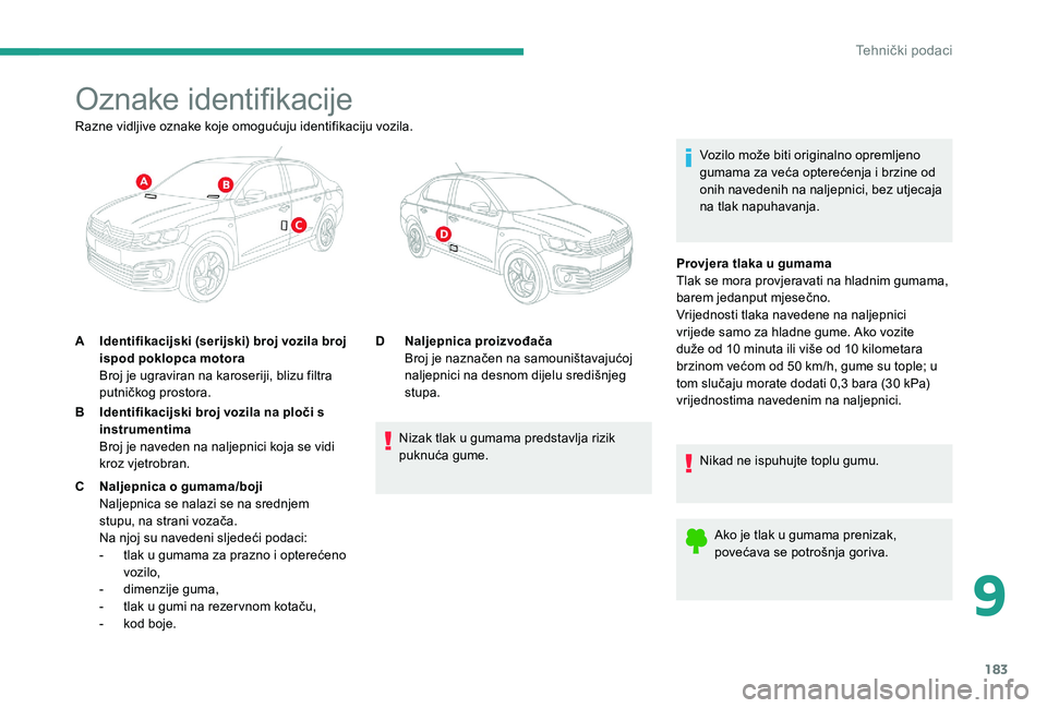 CITROEN C-ELYSÉE 2017 Upute Za Rukovanje (in Croatian) 183
Oznake identifikacije
Vozilo može biti originalno opremljeno
gumama za veća opterećenja i brzine od
onih navedenih na naljepnici, bez utjecaja
na tlak napuhavanja.
Razne vidljive oznake koje CITROEN C-ELYSÉE 2017 Upute Za Rukovanje (in Croatian) 183
Oznake identifikacije
Vozilo može biti originalno opremljeno
gumama za veća opterećenja i brzine od
onih navedenih na naljepnici, bez utjecaja
na tlak napuhavanja.
Razne vidljive oznake koje