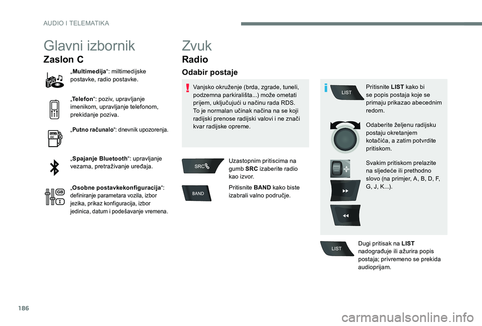 CITROEN C-ELYSÉE 2017 Upute Za Rukovanje (in Croatian) 186
Glavni izbornik
Zaslon C
„Multimedija “: miltimedijske
postavke, radio postavke.
„ Telefon “: poziv, upravljanje
imenikom, upravljanje telefonom,
prekidanje poziva.
„ Putno računalo CITROEN C-ELYSÉE 2017 Upute Za Rukovanje (in Croatian) 186
Glavni izbornik
Zaslon C
„Multimedija “: miltimedijske
postavke, radio postavke.
„ Telefon “: poziv, upravljanje
imenikom, upravljanje telefonom,
prekidanje poziva.
„ Putno računalo