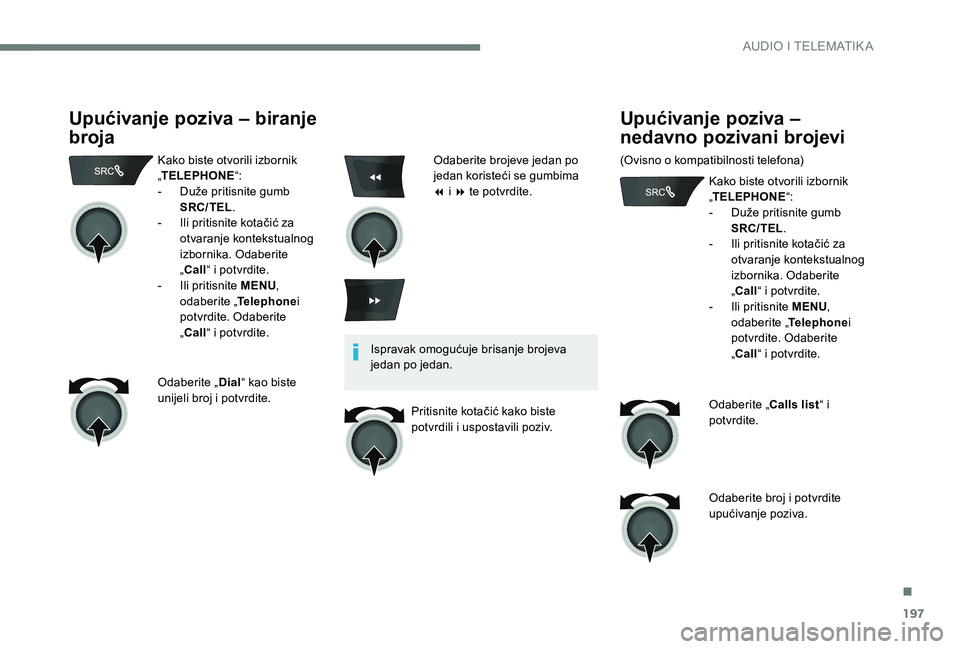 CITROEN C-ELYSÉE 2017 Upute Za Rukovanje (in Croatian) 197
Upućivanje poziva – biranje
broja
Kako biste otvorili izbornik
„TELEPHONE “:
-
D
uže pritisnite gumb
SRC/TEL .
-
I
li pritisnite kotačić za
otvaranje kontekstualnog
izbornika. CITROEN C-ELYSÉE 2017 Upute Za Rukovanje (in Croatian) 197
Upućivanje poziva – biranje
broja
Kako biste otvorili izbornik
„TELEPHONE “:
-
D
uže pritisnite gumb
SRC/TEL .
-
I
li pritisnite kotačić za
otvaranje kontekstualnog
izbornika.