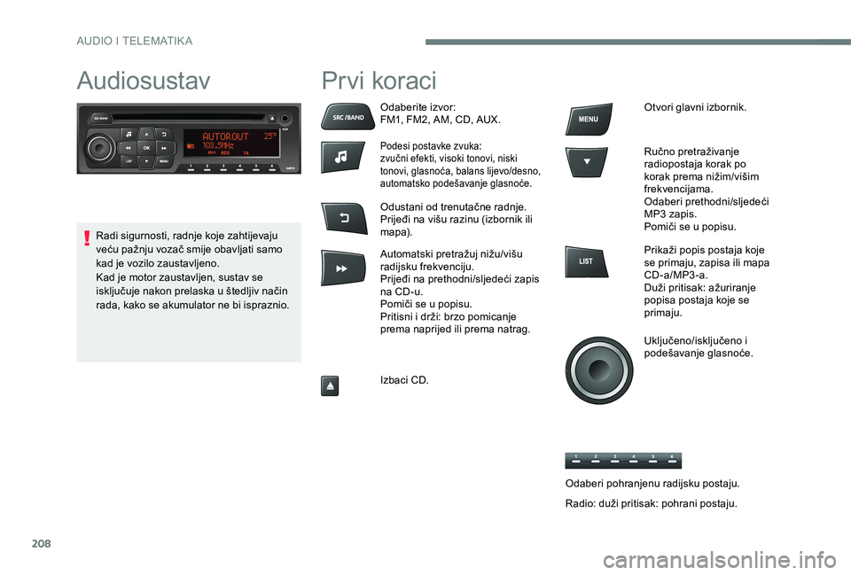 CITROEN C-ELYSÉE 2017 Upute Za Rukovanje (in Croatian) 208
AudiosustavPrvi koraci
Odaberite izvor:
FM1, FM2, AM, CD, AUX.
Podesi postavke zvuka:
zvučni efekti, visoki tonovi, niski
tonovi, glasnoća, balans lijevo/desno,
automatsko podešavanje glasno CITROEN C-ELYSÉE 2017 Upute Za Rukovanje (in Croatian) 208
AudiosustavPrvi koraci
Odaberite izvor:
FM1, FM2, AM, CD, AUX.
Podesi postavke zvuka:
zvučni efekti, visoki tonovi, niski
tonovi, glasnoća, balans lijevo/desno,
automatsko podešavanje glasno