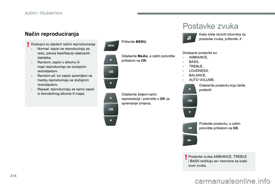 CITROEN C-ELYSÉE 2017 Upute Za Rukovanje (in Croatian) 214
Postavke zvuka
Postavke zvuka AMBIANCE, TREBLE
i BASS razlikuju se i neovisne za svaki
izvor zvuka.Kako biste otvorili izbornika za
postavke zvuka, pritisnite ¯
.
Dostupne postavke su:
-
A
M CITROEN C-ELYSÉE 2017 Upute Za Rukovanje (in Croatian) 214
Postavke zvuka
Postavke zvuka AMBIANCE, TREBLE
i BASS razlikuju se i neovisne za svaki
izvor zvuka.Kako biste otvorili izbornika za
postavke zvuka, pritisnite ¯
.
Dostupne postavke su:
-
A
M