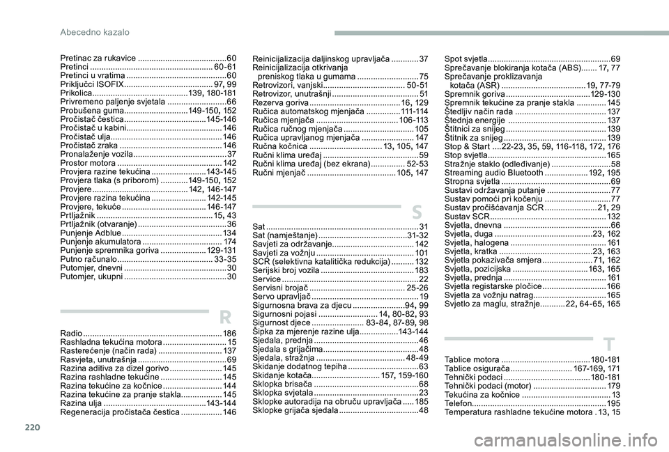CITROEN C-ELYSÉE 2017 Upute Za Rukovanje (in Croatian) 220
Pretinac za rukavice .......................................60
P retinci ............... ....................................... 60 - 61
Pretinci u vratima
...................................... CITROEN C-ELYSÉE 2017 Upute Za Rukovanje (in Croatian) 220
Pretinac za rukavice .......................................60
P retinci ............... ....................................... 60 - 61
Pretinci u vratima
......................................