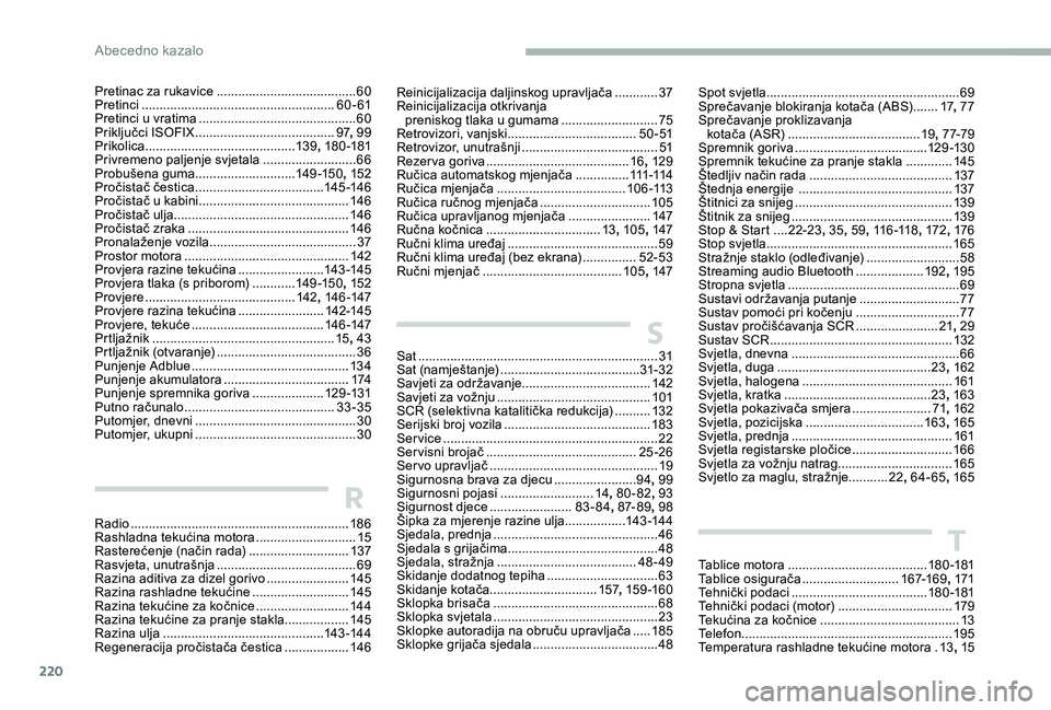 CITROEN C-ELYSÉE 2017  Upute Za Rukovanje (in Croatian) 220
Pretinac za rukavice .......................................60
P retinci ............... ....................................... 60 - 61
Pretinci u vratima
 
......................................