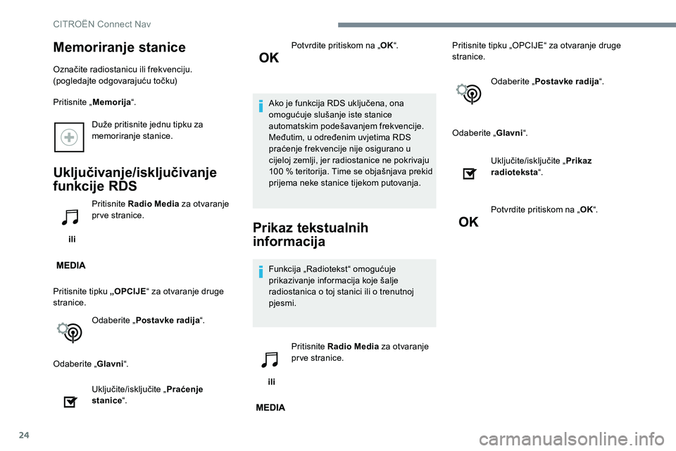 CITROEN C-ELYSÉE 2017 Upute Za Rukovanje (in Croatian) 24
Duže pritisnite jednu tipku za
memoriranje stanice.
Uključivanje/isključivanje
funkcije RDS
ili Pritisnite Radio Media
za otvaranje
prve stranice.
Pritisnite tipku „OPCIJE “ za otvaranj CITROEN C-ELYSÉE 2017 Upute Za Rukovanje (in Croatian) 24
Duže pritisnite jednu tipku za
memoriranje stanice.
Uključivanje/isključivanje
funkcije RDS
ili Pritisnite Radio Media
za otvaranje
prve stranice.
Pritisnite tipku „OPCIJE “ za otvaranj
