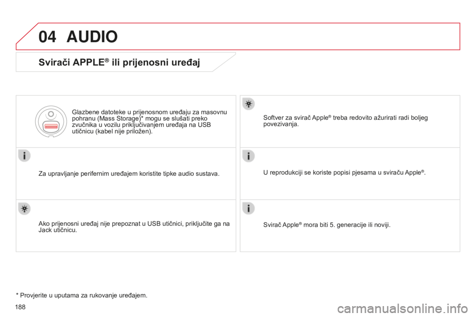 CITROEN C-ELYSÉE 2016 Upute Za Rukovanje (in Croatian) 04
188
AUDIO
Svirači APPLE® ili prijenosni uređaj
za upravljanje perifernim uređajem koristite tipke audio sustava.Glazbene datoteke u prijenosnom uređaju za masovnu
pohranu (Mass
s torage)* mo CITROEN C-ELYSÉE 2016 Upute Za Rukovanje (in Croatian) 04
188
AUDIO
Svirači APPLE® ili prijenosni uređaj
za upravljanje perifernim uređajem koristite tipke audio sustava.Glazbene datoteke u prijenosnom uređaju za masovnu
pohranu (Mass
s torage)* mo