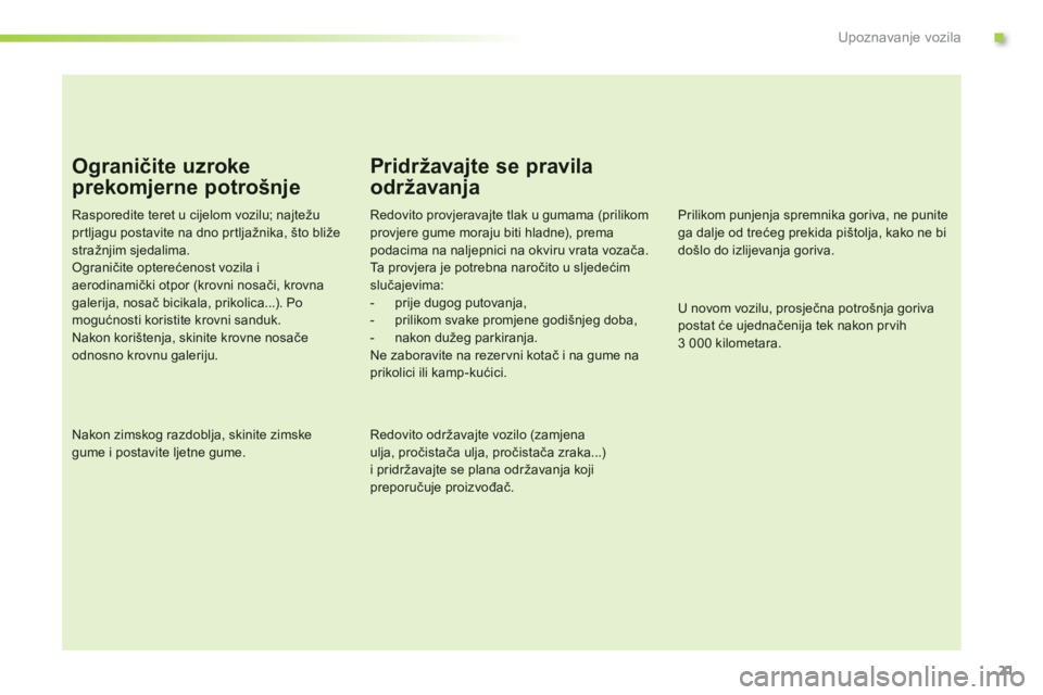 CITROEN C-ELYSÉE 2014 Upute Za Rukovanje (in Croatian) .
21
Upoznavanje vozila
Ograničite uzroke
prekomjerne potrošnje
Rasporedite teret u cijelom vozilu; najtežu prtljagu postavite na dno pr tljažnika, što bližestražnjim sjedalima. Ograničite opt CITROEN C-ELYSÉE 2014 Upute Za Rukovanje (in Croatian) .
21
Upoznavanje vozila
Ograničite uzroke
prekomjerne potrošnje
Rasporedite teret u cijelom vozilu; najtežu prtljagu postavite na dno pr tljažnika, što bližestražnjim sjedalima. Ograničite opt