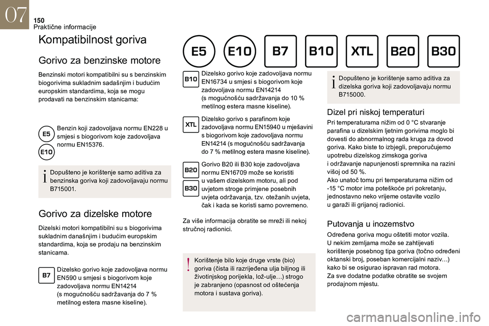 CITROEN DS3 2018 Upute Za Rukovanje (in Croatian) 150
Kompatibilnost goriva
Gorivo za benzinske motore
Benzinski motori kompatibilni su s benzinskim
b iogorivima sukladnim sadašnjim i budućim
europskim standardima, koja se mogu
prodavati na be CITROEN DS3 2018 Upute Za Rukovanje (in Croatian) 150
Kompatibilnost goriva
Gorivo za benzinske motore
Benzinski motori kompatibilni su s benzinskim
b iogorivima sukladnim sadašnjim i budućim
europskim standardima, koja se mogu
prodavati na be