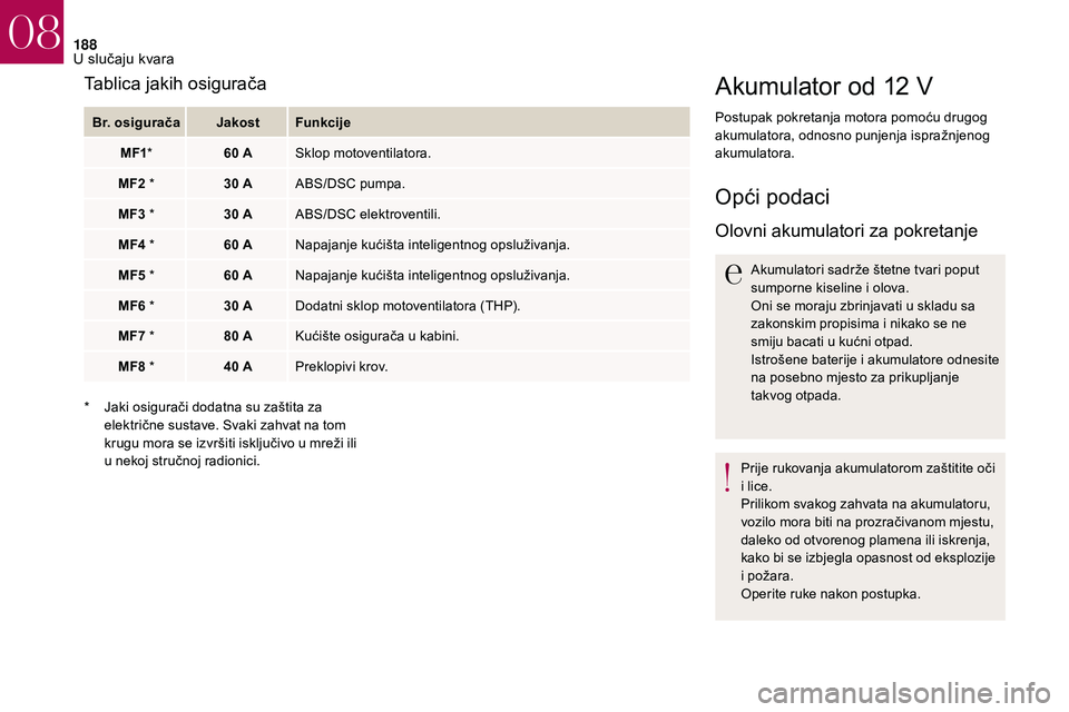 CITROEN DS3 2018 Upute Za Rukovanje (in Croatian) 188
Akumulator od 12 V
Postupak pokretanja motora pomoću drugog
akumulatora, odnosno punjenja ispražnjenog
akumulatora.
Opći podaci
Olovni akumulatori za pokretanje
Akumulatori sadrže štetne tv CITROEN DS3 2018 Upute Za Rukovanje (in Croatian) 188
Akumulator od 12 V
Postupak pokretanja motora pomoću drugog
akumulatora, odnosno punjenja ispražnjenog
akumulatora.
Opći podaci
Olovni akumulatori za pokretanje
Akumulatori sadrže štetne tv