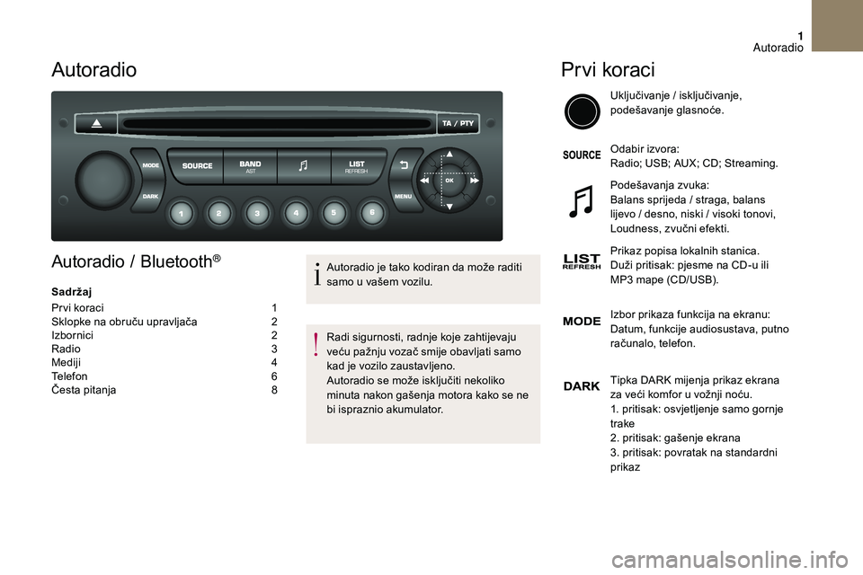 CITROEN DS3 CABRIO 2018 Upute Za Rukovanje (in Croatian) 1
Autoradio
Autoradio / Bluetooth®
Sadržaj
Pr vi koraci
1
S
klopke na obruču upravljača
2
I
zbornici
2
R
adio
3
M
ediji
4
T
elefon
6
Č
esta pitanja
8A
utoradio je tako CITROEN DS3 CABRIO 2018 Upute Za Rukovanje (in Croatian) 1
Autoradio
Autoradio / Bluetooth®
Sadržaj
Pr vi koraci
1
S
klopke na obruču upravljača
2
I
zbornici
2
R
adio
3
M
ediji
4
T
elefon
6
Č
esta pitanja
8A
utoradio je tako
