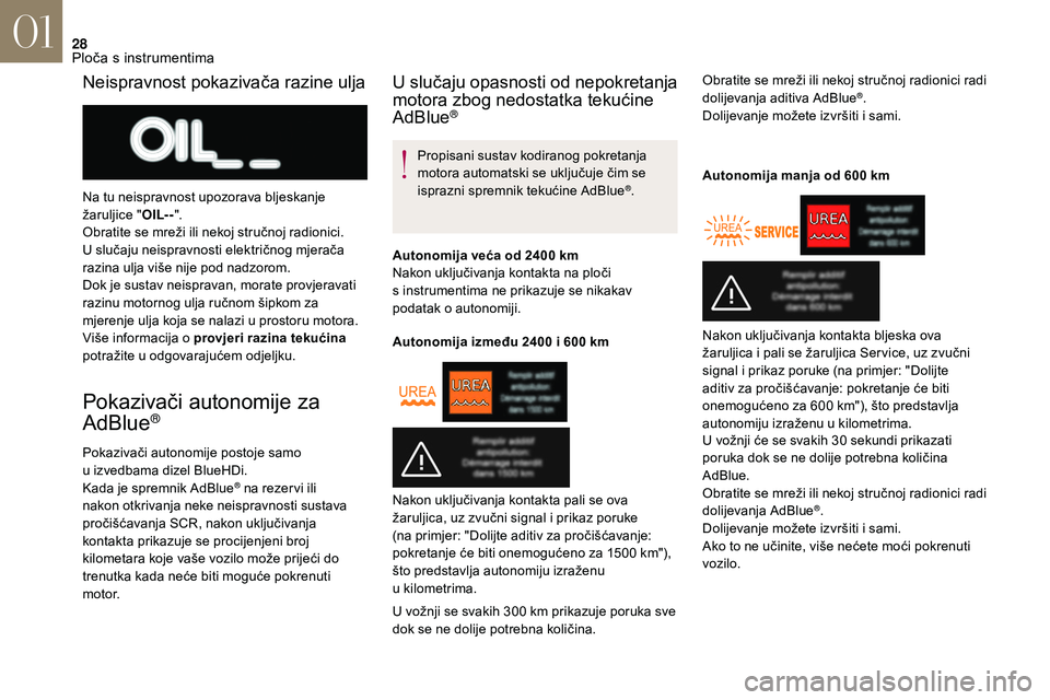 CITROEN DS3 CABRIO 2018  Upute Za Rukovanje (in Croatian) 28
Pokazivači autonomije za 
AdBlue®
Pokazivači autonomije postoje samo 
u  izvedbama dizel BlueHDi.
Kada je spremnik AdBlue
® na rezer vi ili 
nakon otkrivanja neke neispravnosti sustava 
proči�