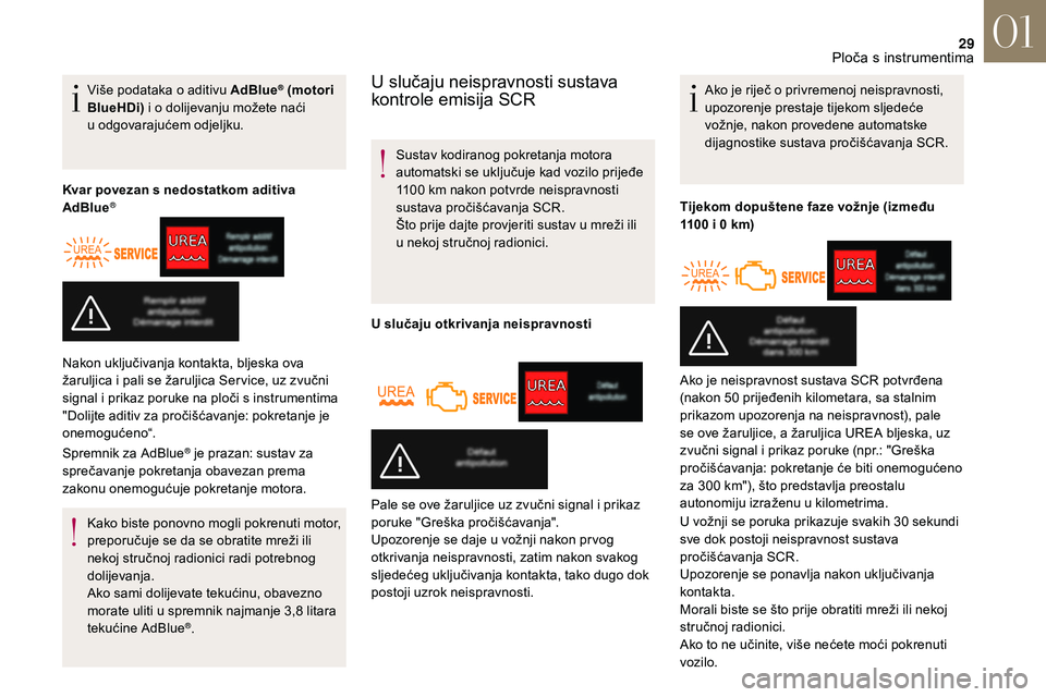 CITROEN DS3 CABRIO 2018  Upute Za Rukovanje (in Croatian) 29
Više podataka o aditivu AdBlue® (motori 
BlueHDi)  i o
 
dolijevanju možete naći 
u
 
odgovarajućem odjeljku.
Kvar povezan s
 
nedostatkom aditiva 
AdBlue
®
Spremnik za AdBlue® je prazan: su