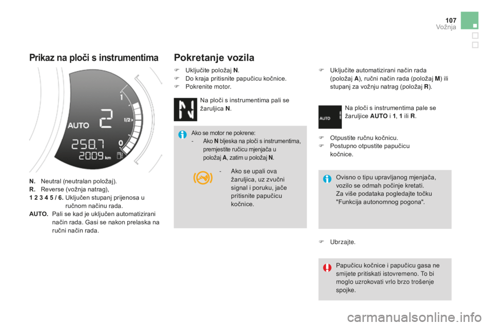 CITROEN DS3 2017 Upute Za Rukovanje (in Croatian) 107
DS3_hr_Chap04_conduite_ed02-2015
Prikaz na ploči s instrumentima
N. Neutral (neutralan položaj).
R. R everse (vožnja natrag),
1
2 3 4 5 / 6.
U
ključen stupanj prijenosa u
ručno CITROEN DS3 2017 Upute Za Rukovanje (in Croatian) 107
DS3_hr_Chap04_conduite_ed02-2015
Prikaz na ploči s instrumentima
N. Neutral (neutralan položaj).
R. R everse (vožnja natrag),
1
2 3 4 5 / 6.
U
ključen stupanj prijenosa u
ručno