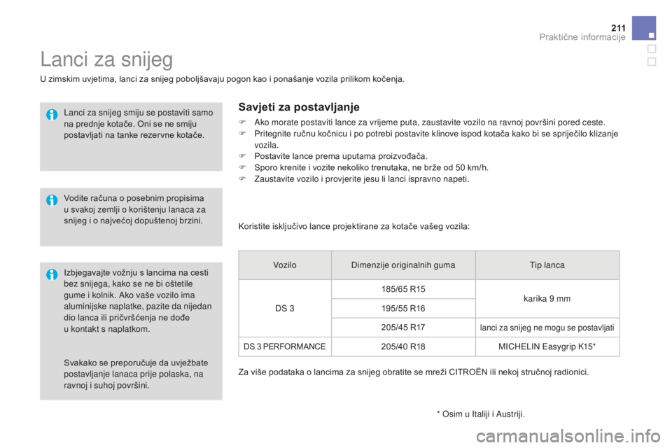 CITROEN DS3 2017 Upute Za Rukovanje (in Croatian) 2 11
DS3_hr_Chap08_info-pratiques_ed02-2015
Svakako se preporučuje da uvježbate
postavljanje lanaca prije polaska, na
ravnoj i suhoj površini.
Lanci za snijeg
U zimskim uvjetima, lanci za snijeg CITROEN DS3 2017 Upute Za Rukovanje (in Croatian) 2 11
DS3_hr_Chap08_info-pratiques_ed02-2015
Svakako se preporučuje da uvježbate
postavljanje lanaca prije polaska, na
ravnoj i suhoj površini.
Lanci za snijeg
U zimskim uvjetima, lanci za snijeg