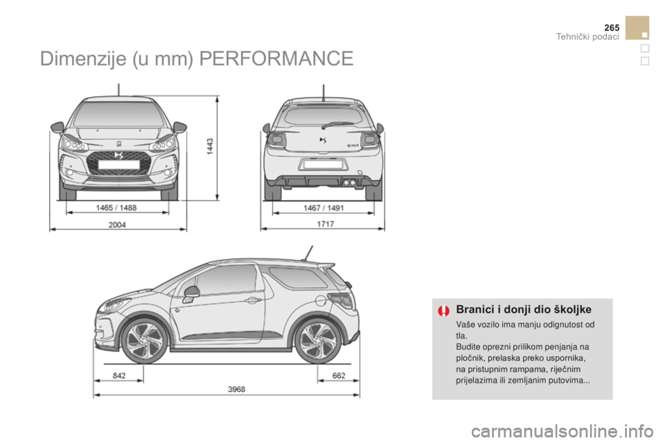 CITROEN DS3 2017  Upute Za Rukovanje (in Croatian) 265
DS3_hr_Chap10_caracteristiques_ed02-2015
Branici i donji dio školjke
Vaše vozilo ima manju odignutost od 
tla.
Budite oprezni prilikom penjanja na 
pločnik, prelaska preko uspornika, 
na pristu